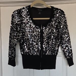 White House Black Market Sequin Black Zipup Cardigan Sweater Jacket, XS, LNWOT